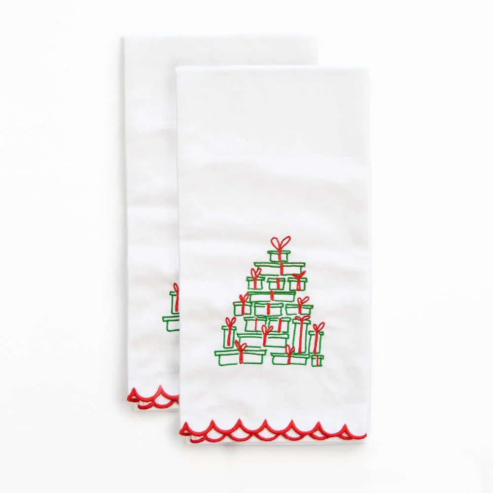Embroidered Christmas Tree of Gifts Tea Towels
