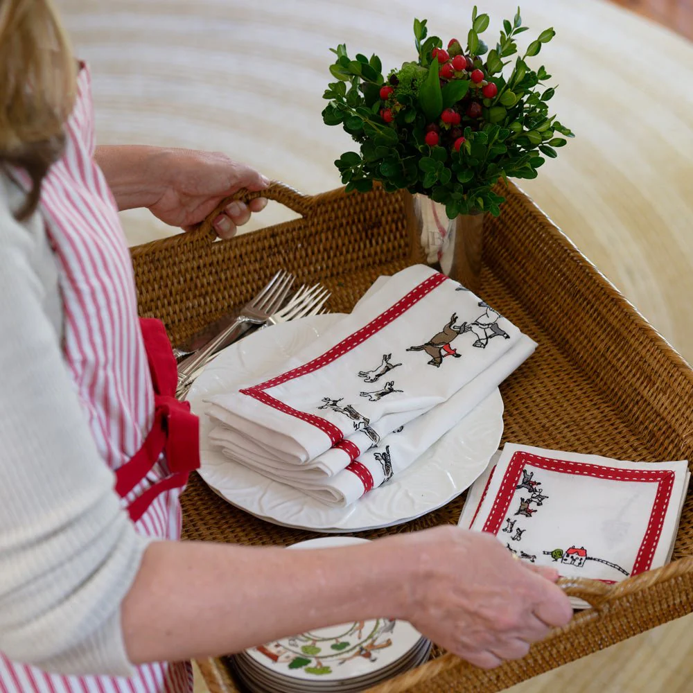 Embroidered Hunt Scene Red Ribbon Napkin | Set of 4 - Image 3
