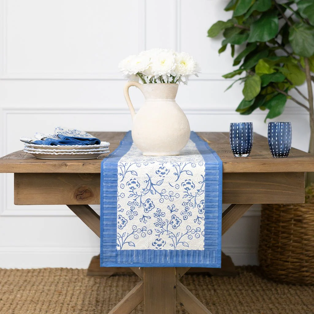 Floral & Berries Blue & White Table Runner