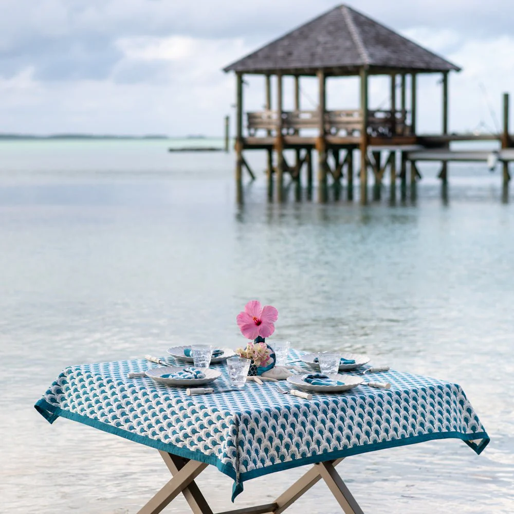 Geo Feather Teal Tablecloth - Image 3