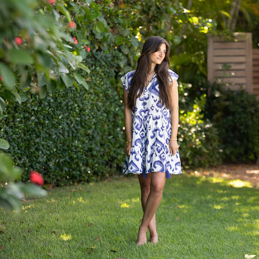 Ikat Very Peri Cap Sleeve Flounce Dress - Image 2