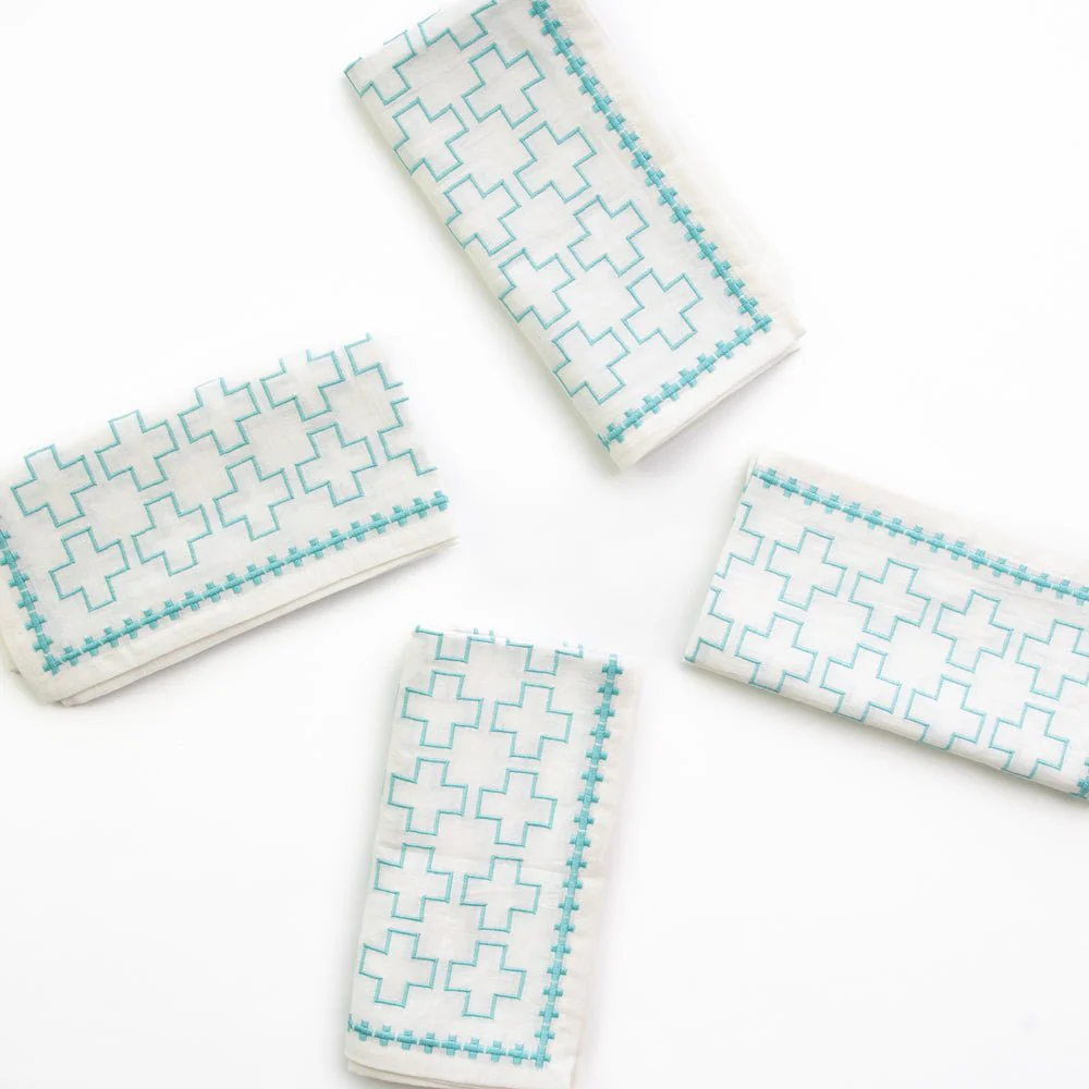 India Hicks Home Embroidered Grand Cross Palladian Blue Napkin | Set of 4 - Image 4