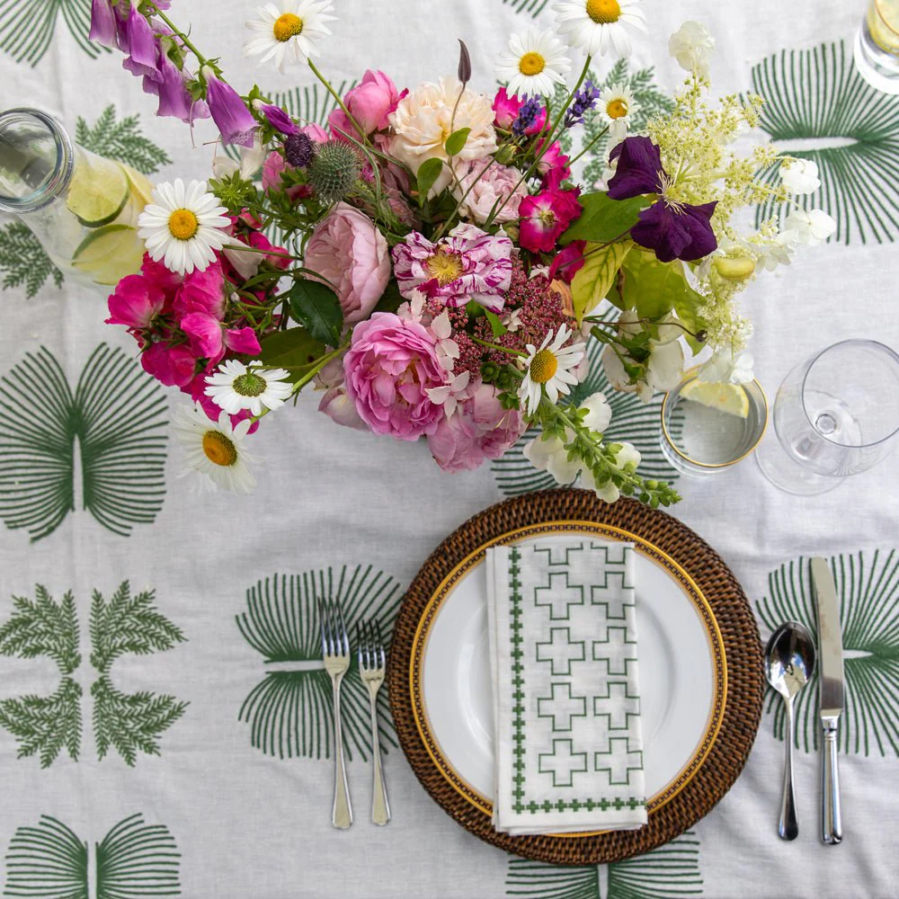 India Hicks Home Embroidered Twin Palms Soft Sage Tablecloth - Image 3