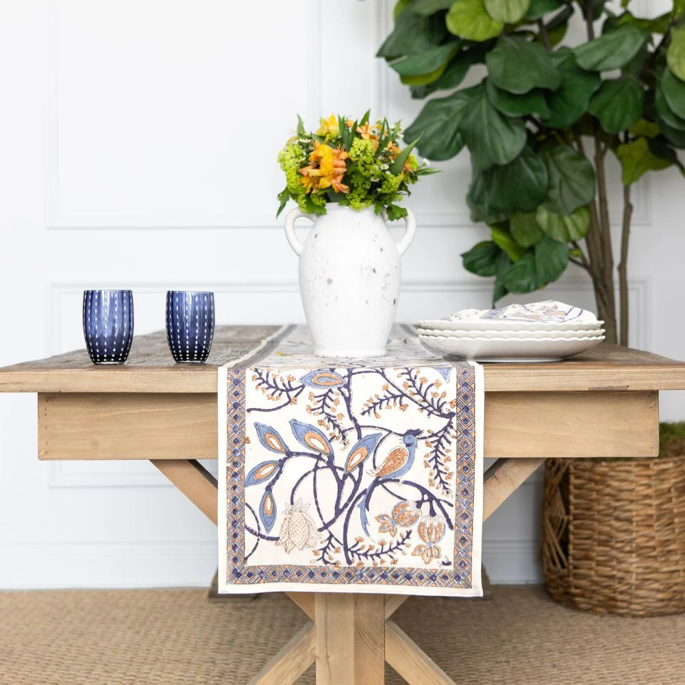 Peacock & Poms Blue Table Runner
