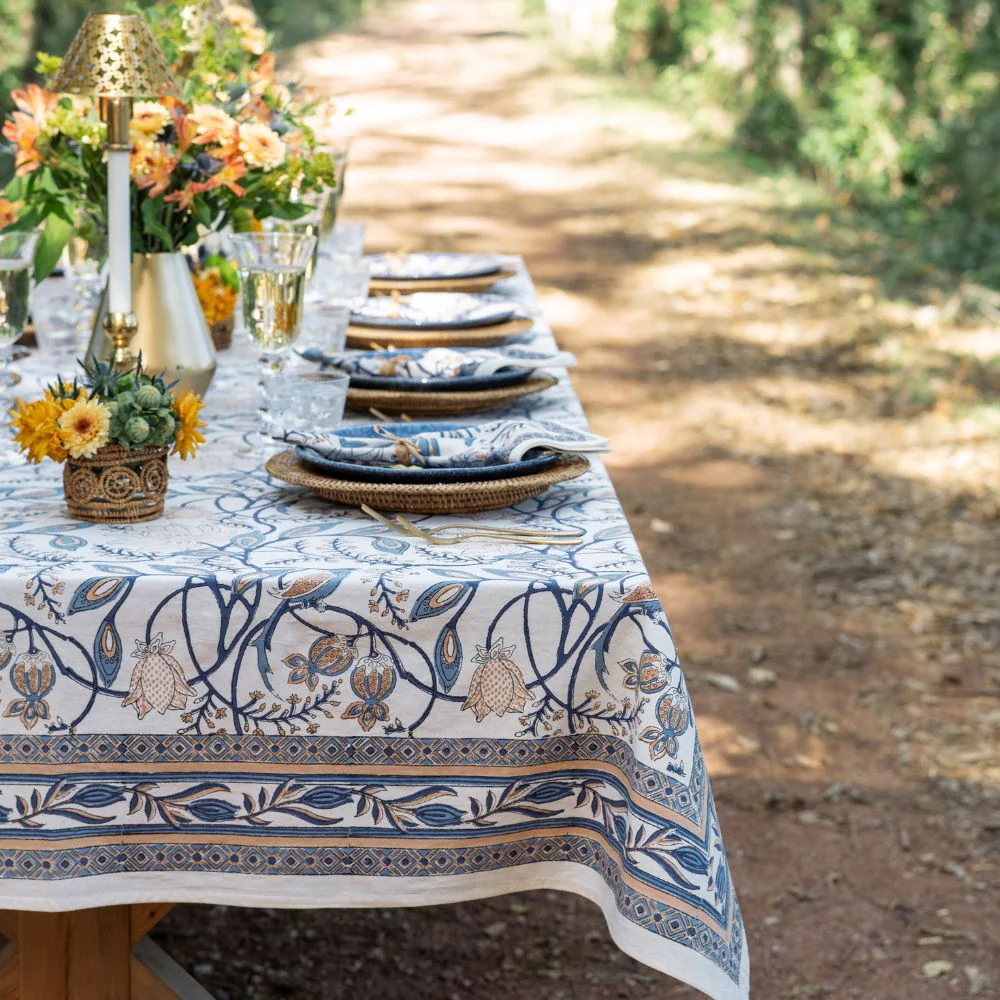 Peacock & Poms Blue Tablecloth