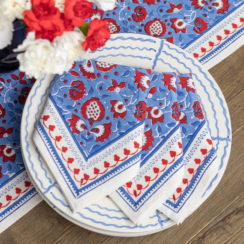 Pom Fan Flower Blue & Red Napkin | Set of 4