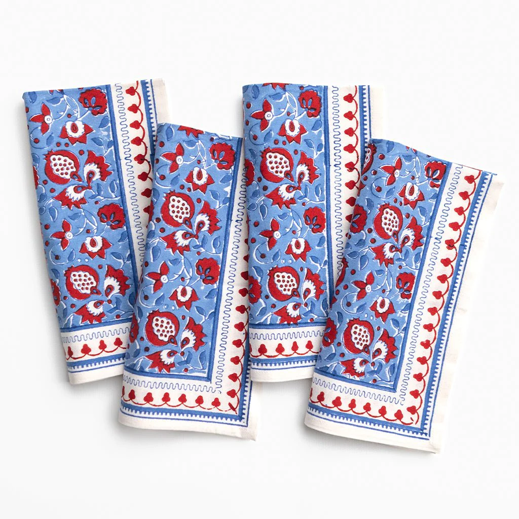 Pom Fan Flower Blue & Red Napkin | Set of 4 - Image 2