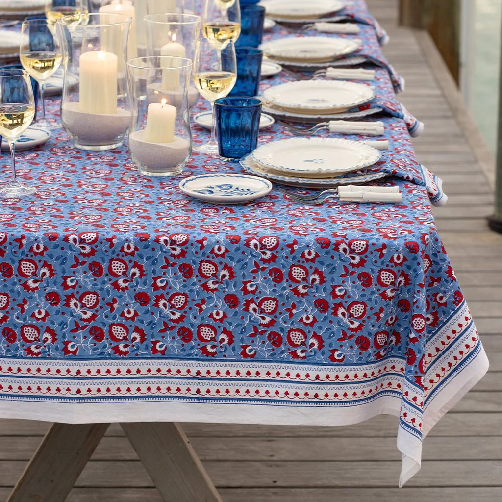 Pom Fan Flower Blue & Red Tablecloth