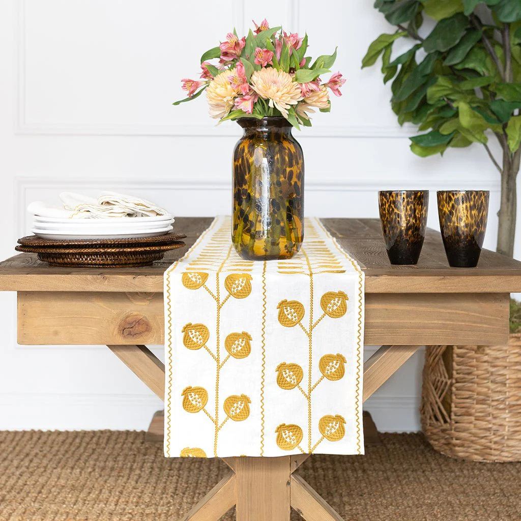 Pomegranate Crewel Ochre Table Runner