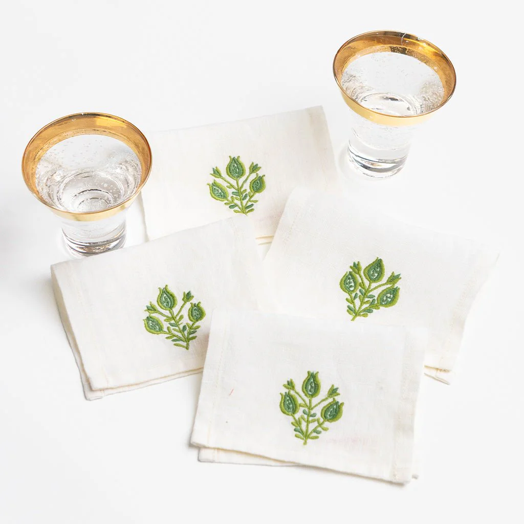 Pomegranate Trio Green Linen Cocktail Napkin | Set of 4 - Image 2