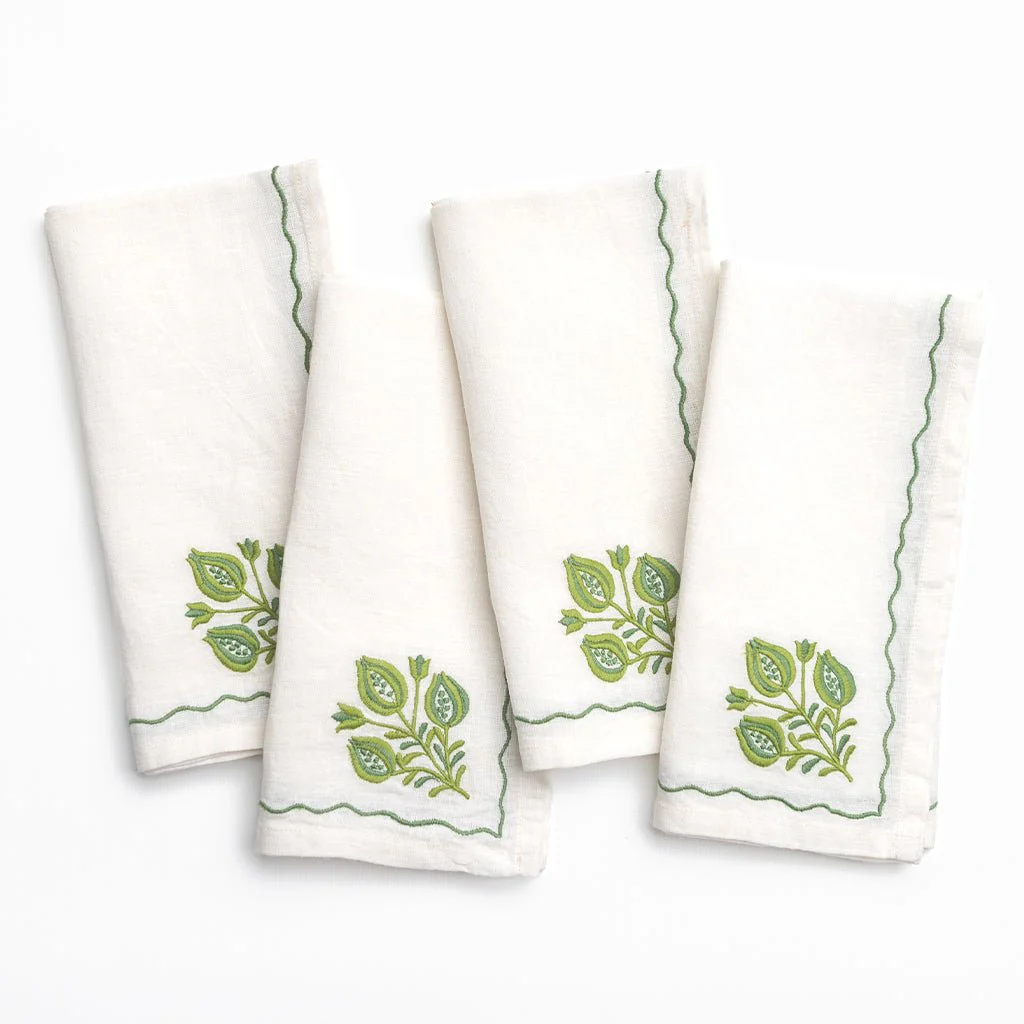 Pomegranate Trio Green Linen Napkin | Set of 4