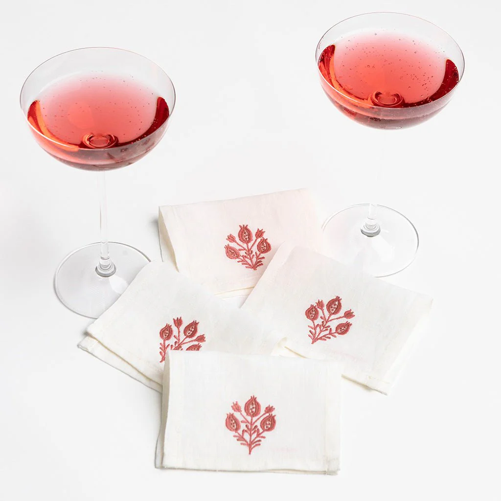 Pomegranate Trio Rose Linen Cocktail Napkin | Set of 4