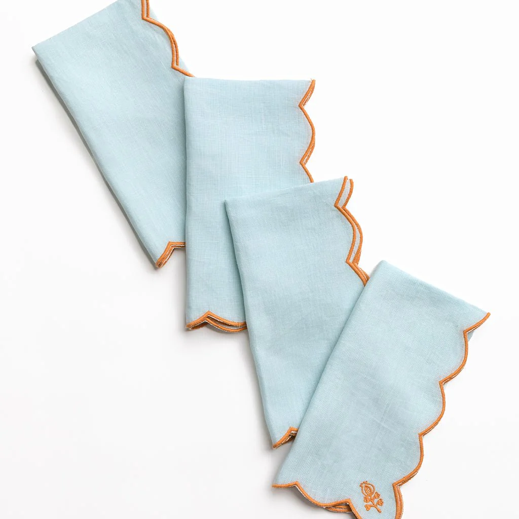 Scalloped Buti Bleached Aqua Linen Napkin | Set of 4 - Image 4
