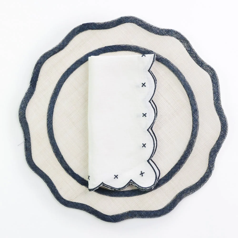 Scalloped Knot Navy Embroidered Linen Napkin | Set of 4 - Image 3