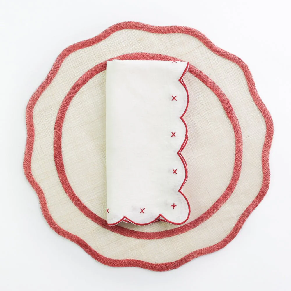Scalloped Knot Red Embroidered Linen Napkin | Set of 4 - Image 3
