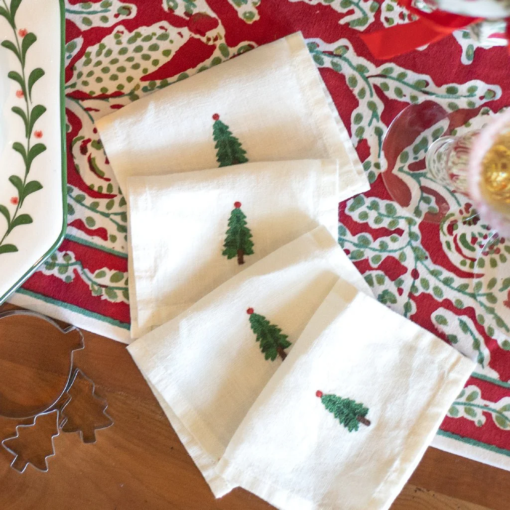 Slope Firs Embroidered Linen Cocktail Napkin | Set of 4