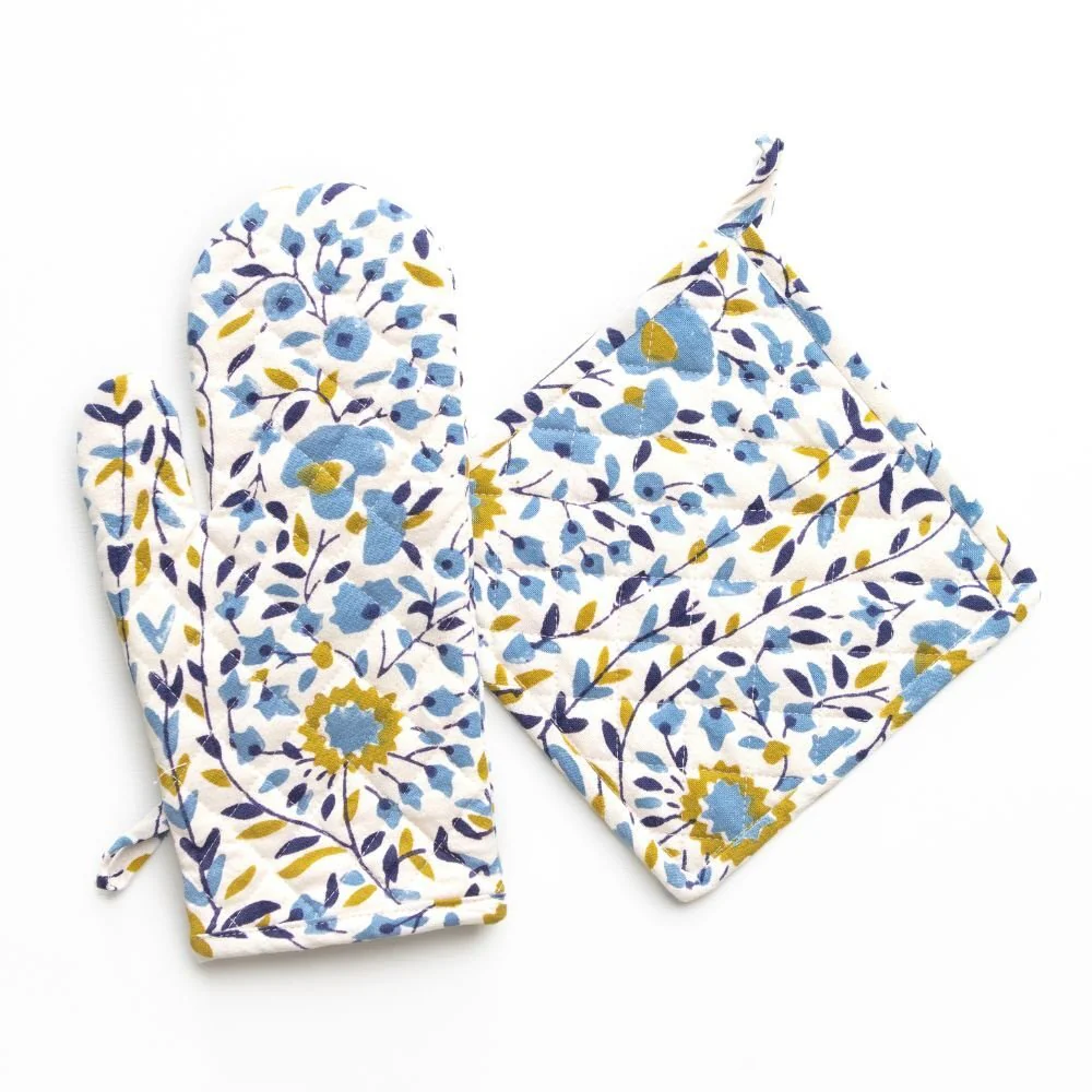 Starflower Blue & Ochre Oven Mitt Set