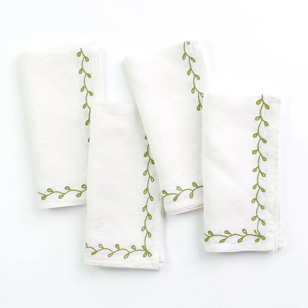 Twig & Bud Moss Embroidered Linen Napkin | Set of 4 - Image 3